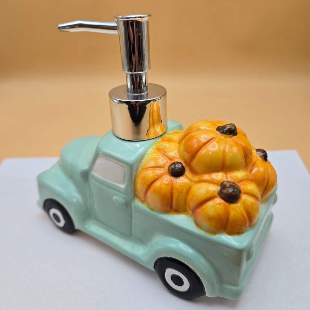 Teal Pickup Truck Pumpkin Soap Dispenser Fall Decor Farmhouse Ceramic‎ Holder